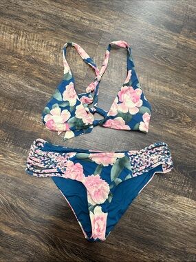 Frankie's Bikinis Teal Floral Bikini with Pink Roses